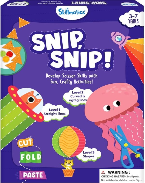 Skillmatics Scissor Skills Activity Book - Snip, Snip, Art & Craft Kit for Kids, 2 Child-Safe Scissors, 25 Fun Activities, Gifts for Girls & Boys Ages 3, 4, 5, 6, 7, Multicolour, Paper