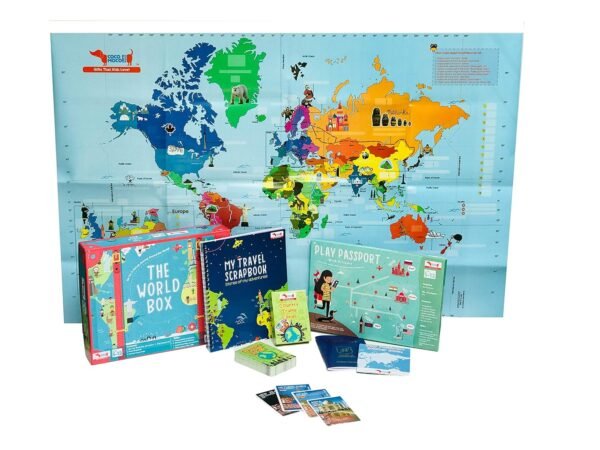 CocoMoco Kids World Map Game for Kids - Learn Geography with World Map Poster for Wall, Country Trump Cards Game for Kids, Fake Passport, Travel Scrapbook, Birthday Gift for boys, girls 5 6 7 8 9 10 12 years