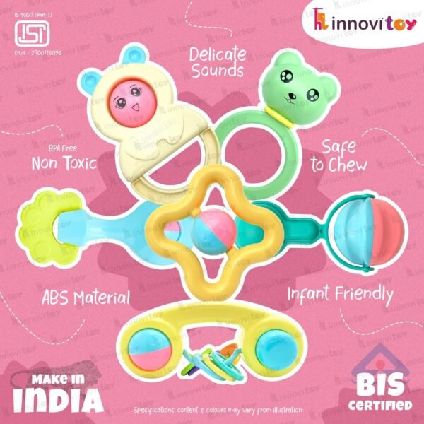 6Pcs Rattles Infant Colourful Plastic Non Toxic Set of 6 Attractive Rattles and Teathers for New Borns, Baby,Kid (Multi Color) | Premium Gift Set for Baby - Image 3