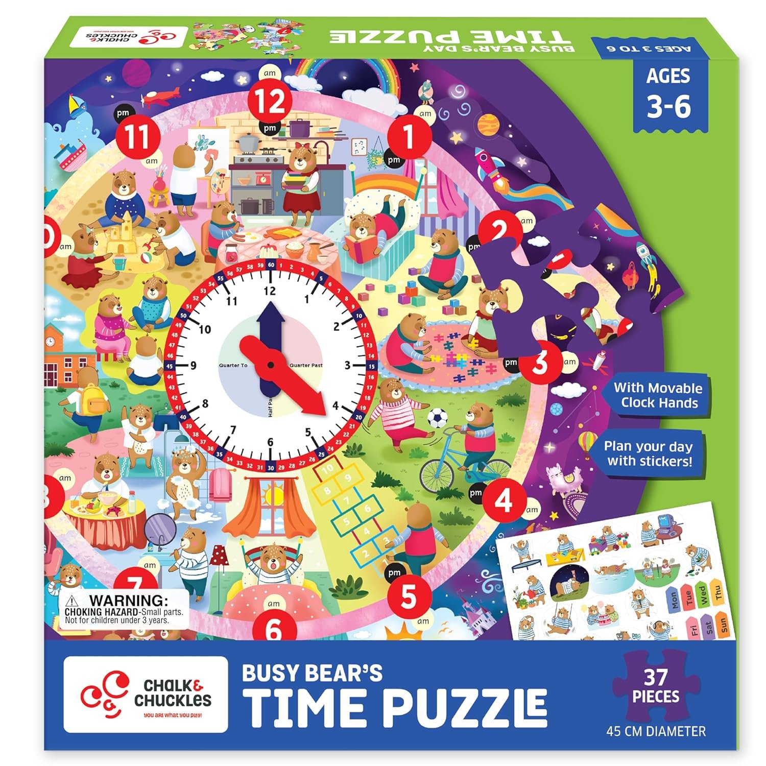 Chalk and Chuckles Tell The Time Clock Jigsaw Puzzle for Kids 3-6 Years, Educational & Learning Toys for Ages 4, 5 Year Old; Gift for Kids, Toddler, Preschool