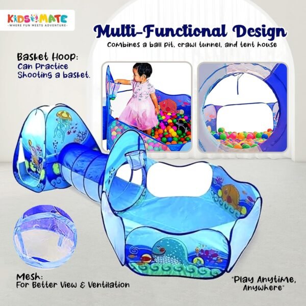 Kidsmate 3-in-1 Ball Pool Tunnel for Kids 1-5 Years | Foldable Pop-Up Tent with Crawling Tunnel, Ball Pit & Playhouse | Indoor/Outdoor Activity Toy for Boys & Girls | Balls Not Included – Blue - Image 5