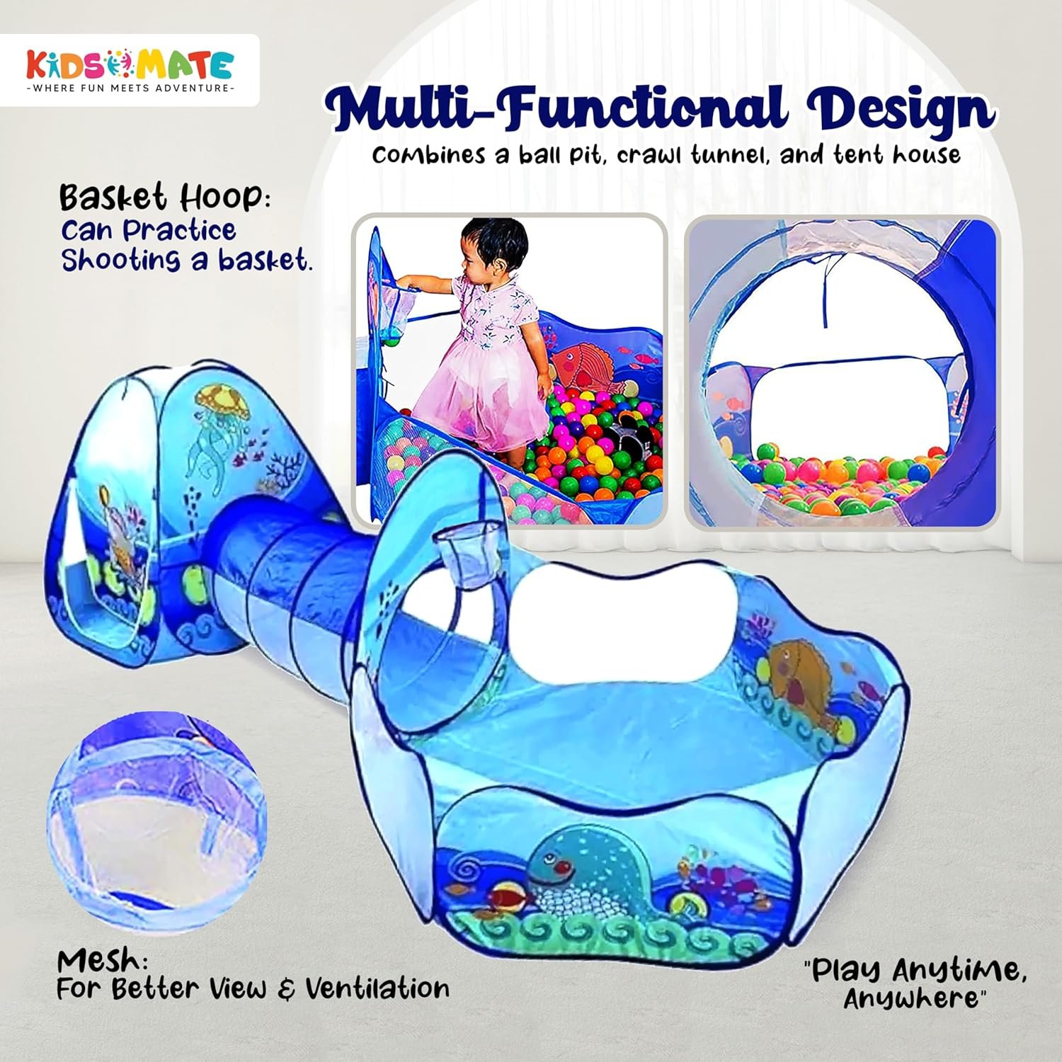 Kidsmate 3-in-1 Ball Pool Tunnel for Kids 1-5 Years | Foldable Pop-Up Tent with Crawling Tunnel, Ball Pit & Playhouse | Indoor/Outdoor Activity Toy for Boys & Girls | Balls Not Included – Blue - Image 5