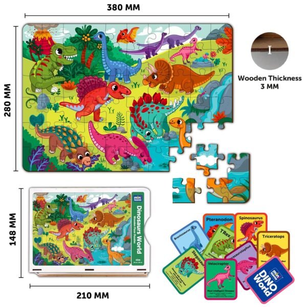 60 Piece Wooden Puzzle for Kids 4-6 Years - Dinosaurs World Jigsaw Floor Puzzle With Booster Cards & Box - Safe & Durable Educational Toy - Image 2