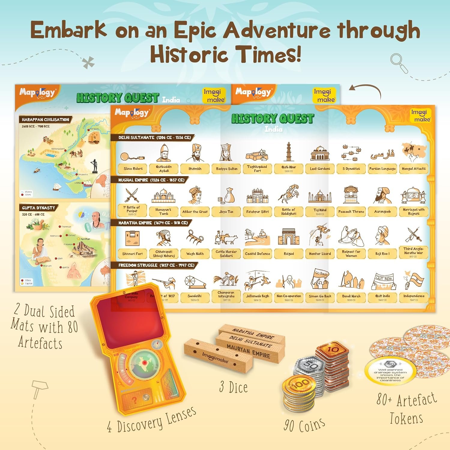 Imagimake Mapology History Quest - India |Historical Board Game |Explore 8 ERAS of Indian History with Discovery Lenses, Artefact Tokens, Ancient Dice |Educational Toy |Birthday Gift for Girls & Boys - Image 4