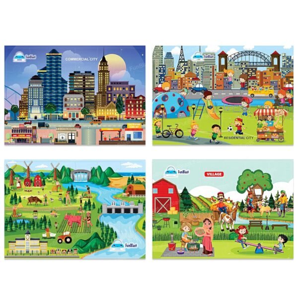 FunBlast Kids Puzzles for Kids, Village,City, Farming and Commercial City Lifestyle Jigsaw Puzzle for Kids of Age 3-5 Years, Set of 4-96 Pcs Puzzle (Multicolor, Size 30X22 CM)