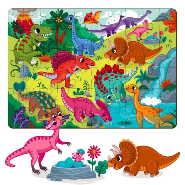 60 Piece Wooden Puzzle for Kids 4-6 Years - Dinosaurs World Jigsaw Floor Puzzle With Booster Cards & Box - Safe & Durable Educational Toy