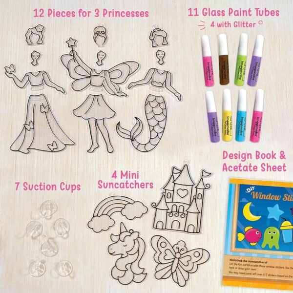 Imagimake Window Art - Princess - 16 Pieces Glass Painting Set - Princess, Mermaid, Unicorn Designs - Craft Kit for Girls 5 Years & Above - Multicolor - Image 3