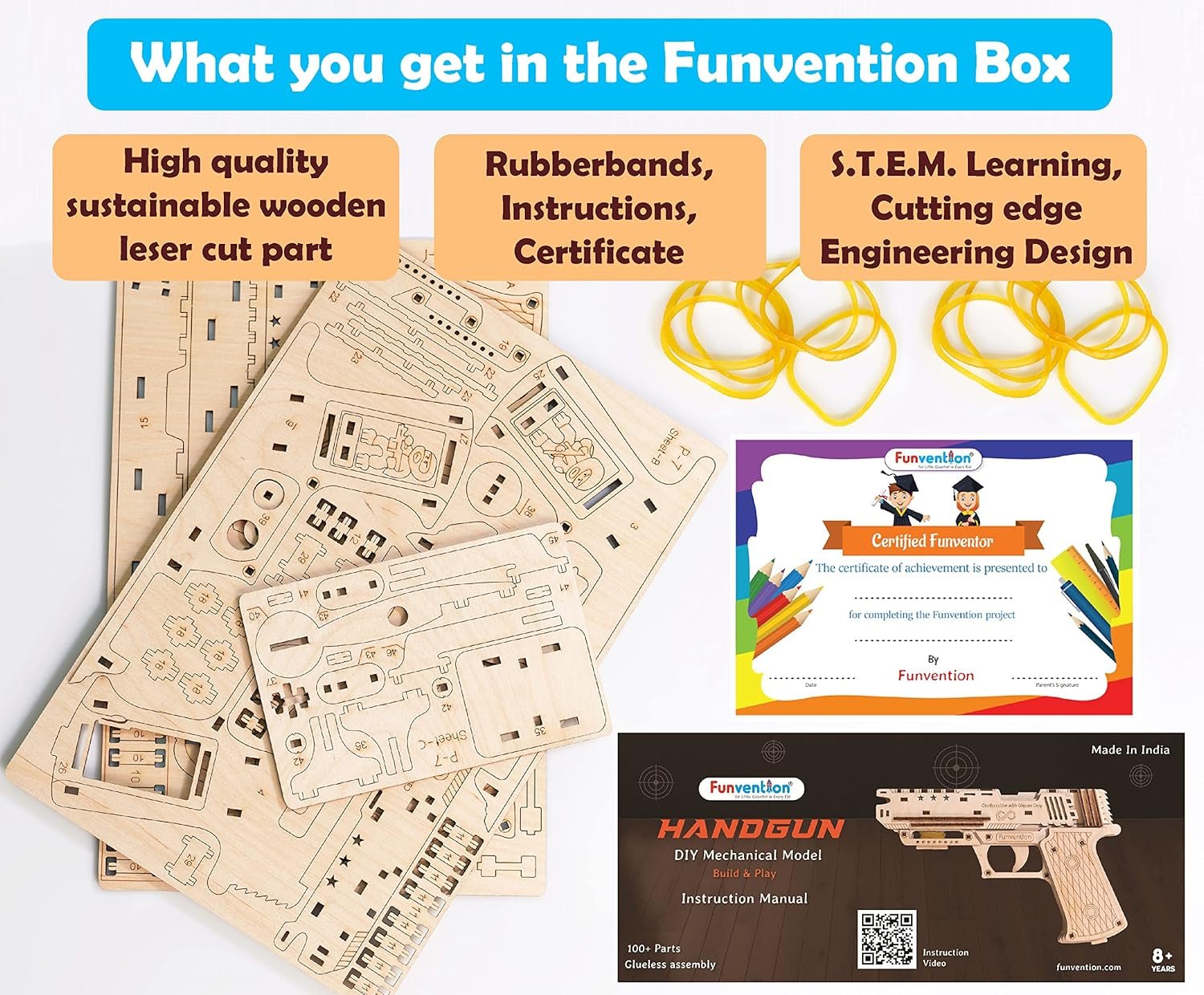 Funvention- for Little Scientist in Every Kid Handgun - Diy Functional Mechanical Model Stem 3D Puzzle Lerning Kit Collectible Building Kit With Rubberband Shooting & Storage,Pack Of 1,Multicolor - Image 2