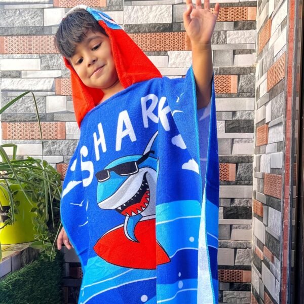 Dark Blue Shark Dive Poncho Towel for Kids | Hooded Bath Towels | 60 x 60cm Toddler Pool Towel for Boys & Girls, 1-7 Years | Cute & Cozy Bath/Beach Towel - Image 3