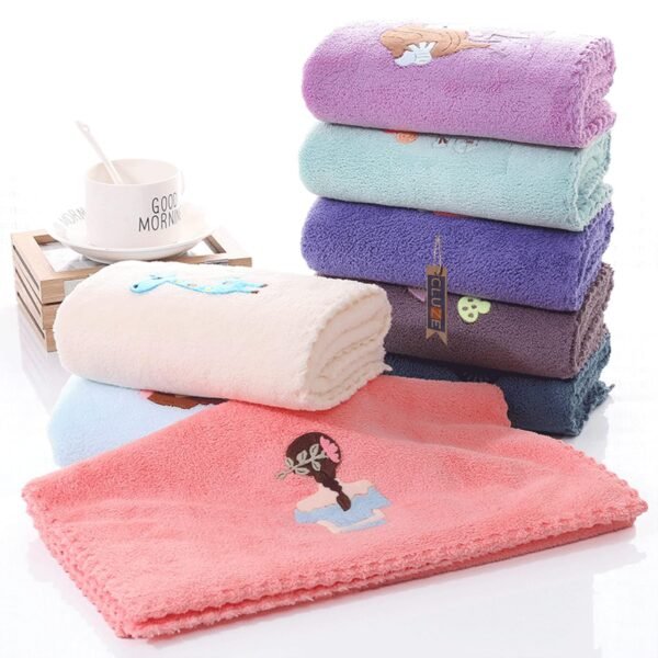 Microfiber Wash Towels Quick Absorbent Soft Coral Fleece Kids Handkerchief- Face Towel for Girls Cute Doll Embroidered Hanky, Baby Shower Gift (35x75 cm) (Pink) - Image 2