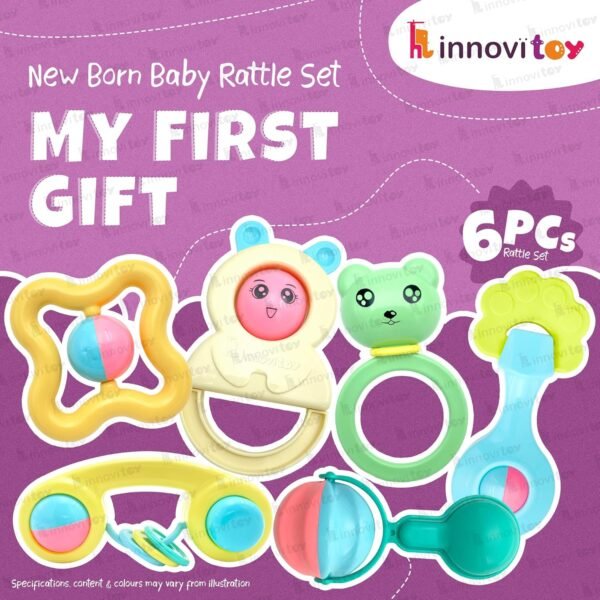 6Pcs Rattles Infant Colourful Plastic Non Toxic Set of 6 Attractive Rattles and Teathers for New Borns, Baby,Kid (Multi Color) | Premium Gift Set for Baby - Image 2