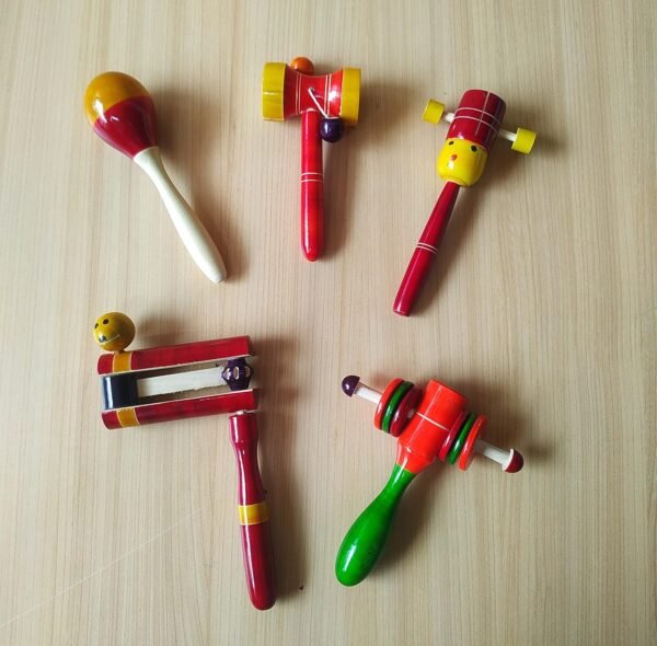 Wooden Rattles - Set of 5 | Multicolor, Discover Sounds, Develop Sensory Skills | Auditory Stimulation for Babies (0+ Years) | Made in India - Image 2