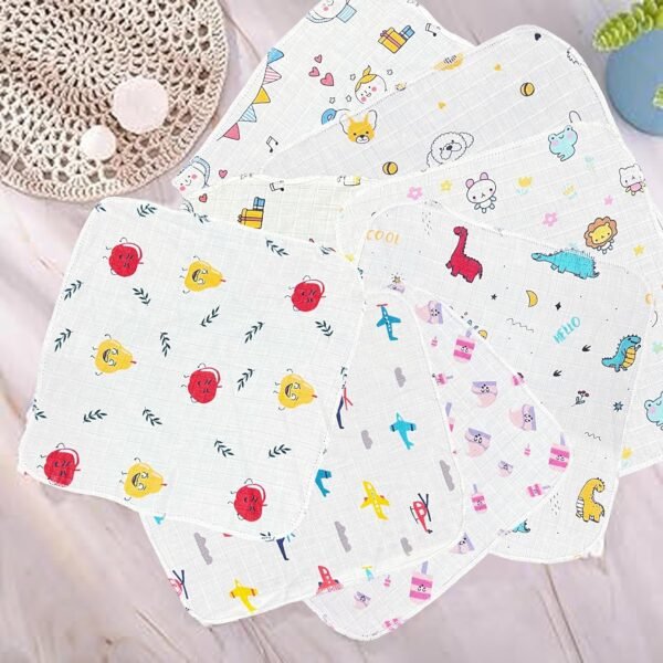 7 Pcs Muslin Cotton Cloth Premium Baby Washcloth for New Born, Washable, Reusable, Absorbent, Extra Soft Face Towels/Hankies for Babies, Stars, Balloons Print - Image 3