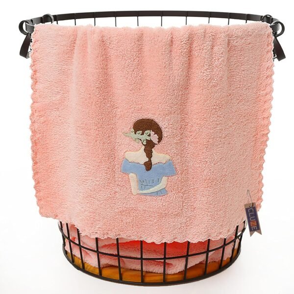 Microfiber Wash Towels Quick Absorbent Soft Coral Fleece Kids Handkerchief- Face Towel for Girls Cute Doll Embroidered Hanky, Baby Shower Gift (35x75 cm) (Pink) - Image 3