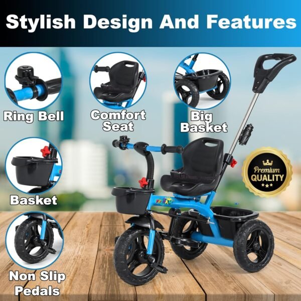 Baby Tricycle with EVA Wheels, Bell & Storage Basket|Baby Trike|Age Group 1 Years to 5 Years Carrying Capacity Upto 30 kgs|Smart Kids Tricycle with Parental Push Handle Tricycle (Blue) - Image 3