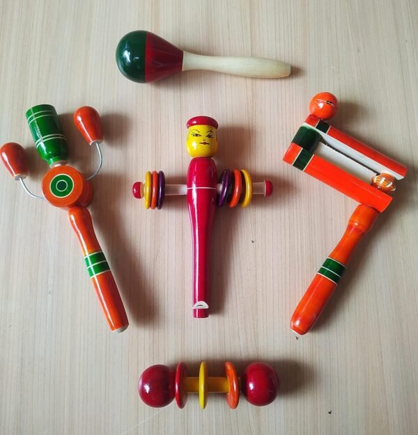Wooden Baby Rattles Toys for Infants, Babies (0+ Years) -Set of 5- Multi Color - Discover Sounds, Develops Sensory Skills