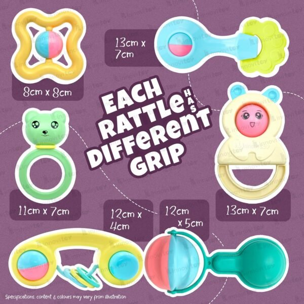 6Pcs Rattles Infant Colourful Plastic Non Toxic Set of 6 Attractive Rattles and Teathers for New Borns, Baby,Kid (Multi Color) | Premium Gift Set for Baby - Image 5